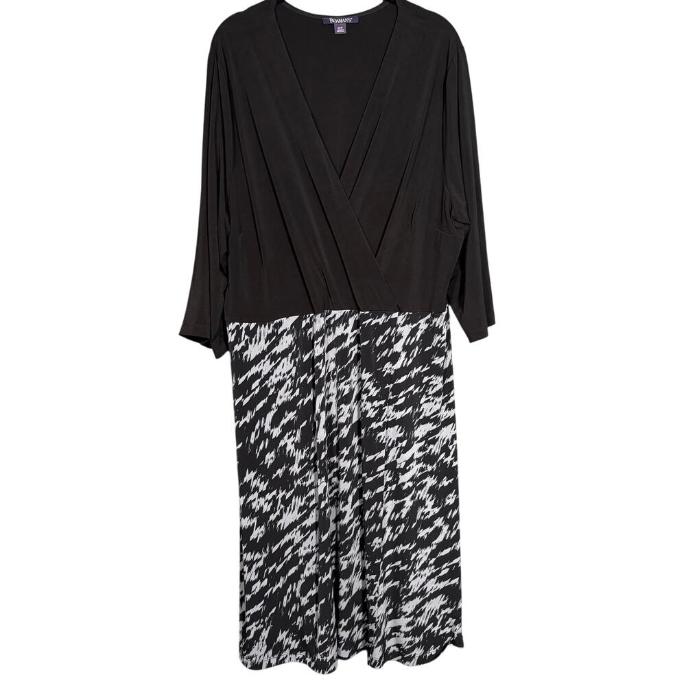 Roaman's Black & White Long Sleeve Midi Dress Faux Wrap - 20W - Womens Plus Size